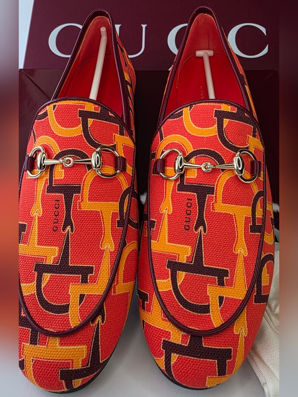 Gucci Jordaan Orange Horsebit Canvas Loafer – Size 37 / US 7